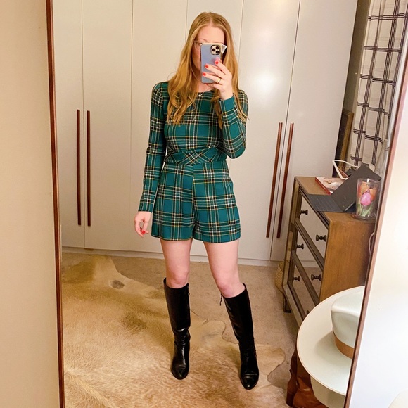 Bershka Pants - Green plaid mini jumpsuit
